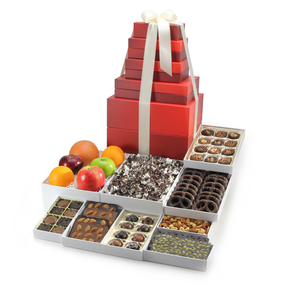 Gift tower with fruit, nuts, chocolates, popcorn and pretzels