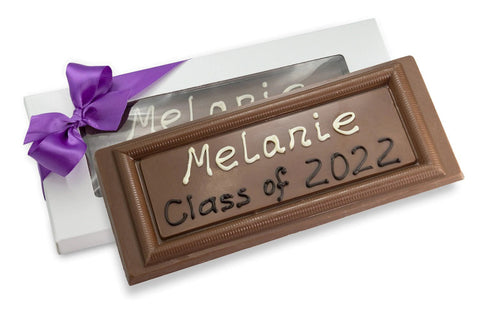 A chocolate bar with a person's name and graduation year