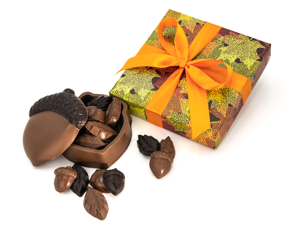Chocolate dish filled with chocolate acorns