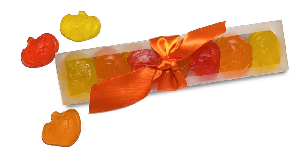 A box of pumpkin shaped gummy candy