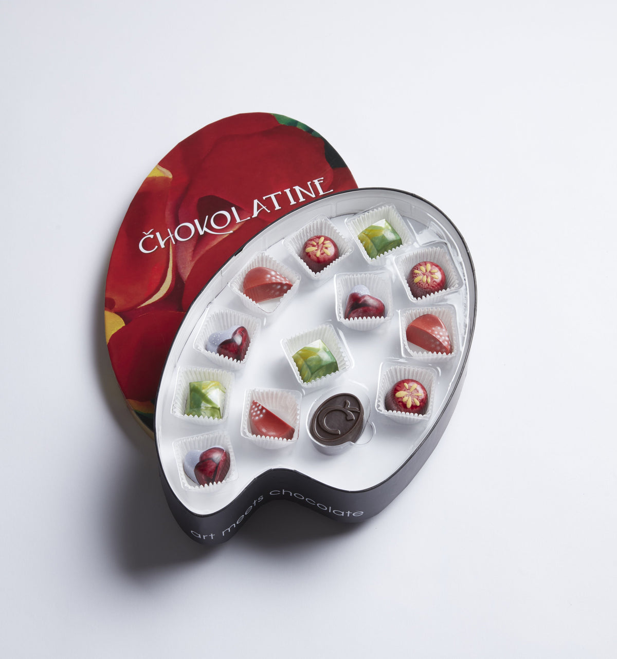 Han-painted chocolates in the style of Georgia O'Keeffe