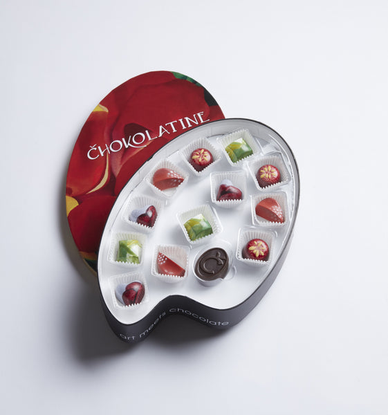 Han-painted chocolates in the style of Georgia O'Keeffe