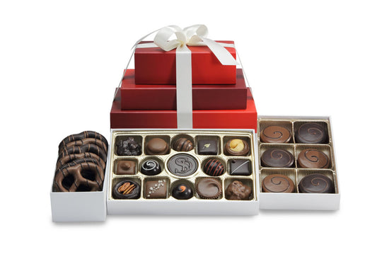 Gift Tower with assorted chocolates, chocolate-covered Oreos and chocolate-covered pretzels