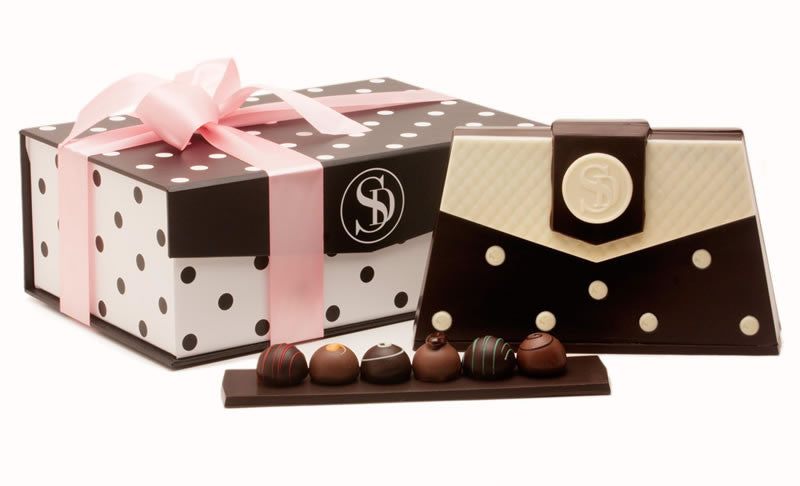 Chocolate handbag filled with truffles and a keepsake box