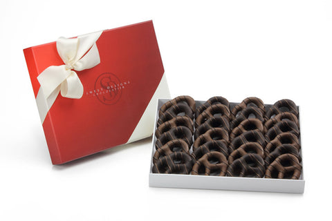 24 milk and dark chocolate covered pretzels in a gift box