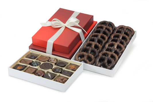 Gifr tower with assorted chocolates and chocolate-covered pretzels