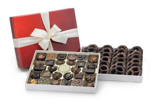 Gift tower of chocolates and chocolate-covered pretzels