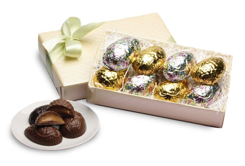 Twelve chocolate -covered peanut butter Easter Eggs in a gift box