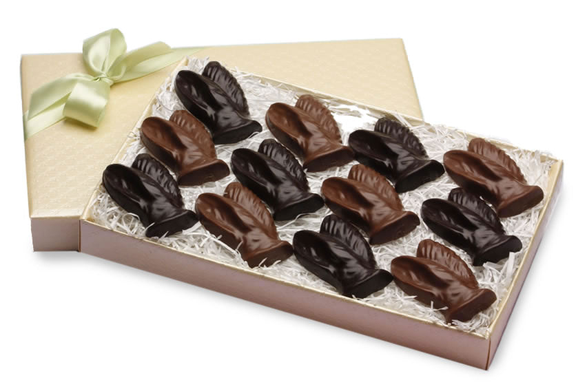 Twelve milk and dark chocolate Easter bunny ears in a gift box