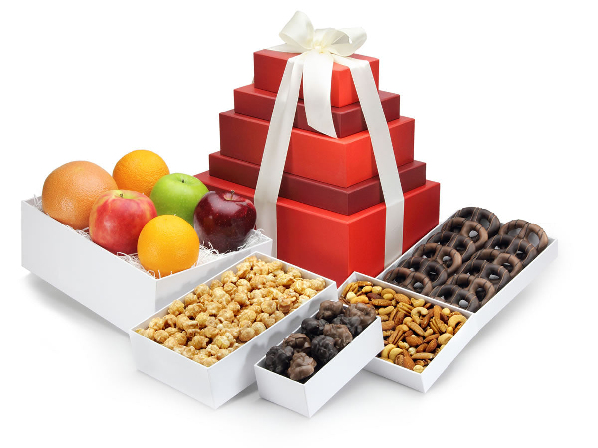 Gift tower with chocolates, fruit nuts and popcorn
