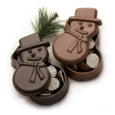 Milk and dark chocolate snowman-shaped dish filled with nonpareils