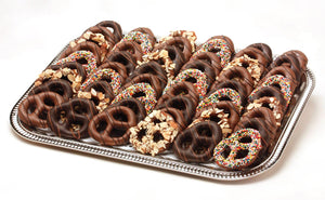 Pretzel party tray with milk, dark almond and nonpareil pretzels.