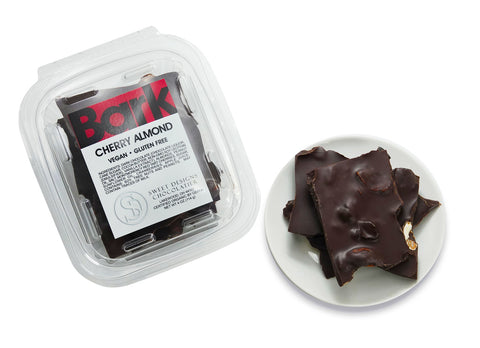 Vegan 70% dark chocolate bark with cherries and almonds