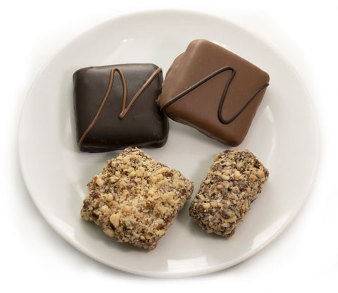 Chocolate covered toffee squares, butter crunch and rocky almond crunch