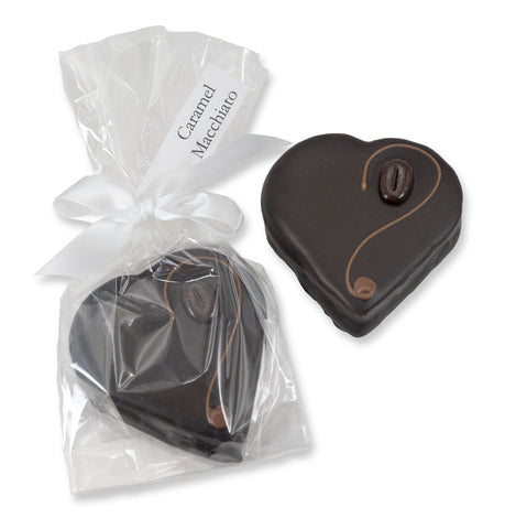 Coffee-flavored marshmallow and caramel covered in chocolate in a heart shape