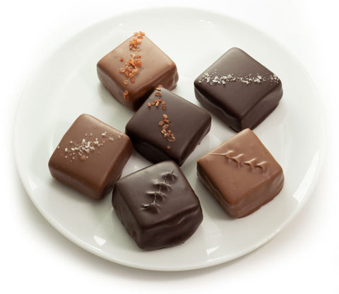 Chocolate-covered caramels with sea salt and unsalted