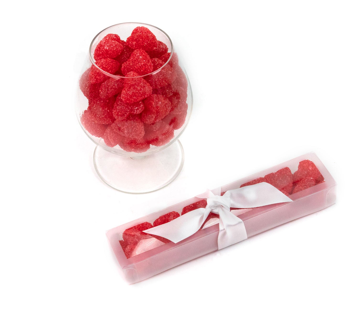 Heart-shaped cinnamon-flavored gummies in a gift box