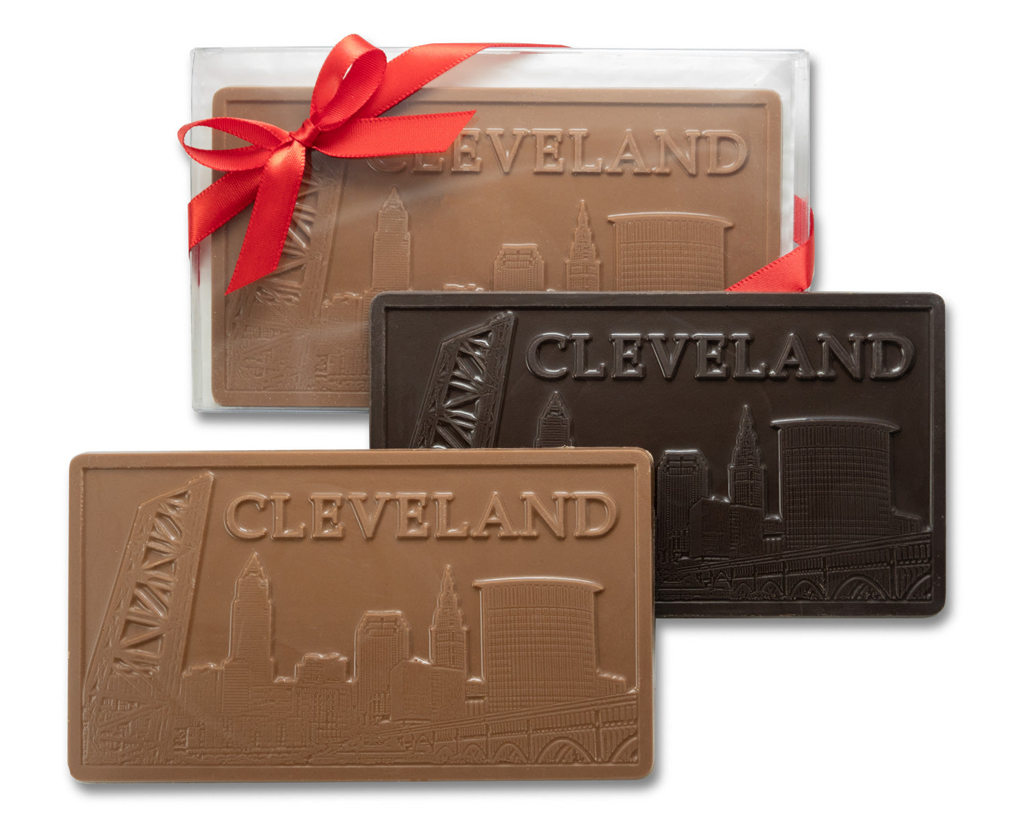 Large chocolate bar with skyline of Cleveland