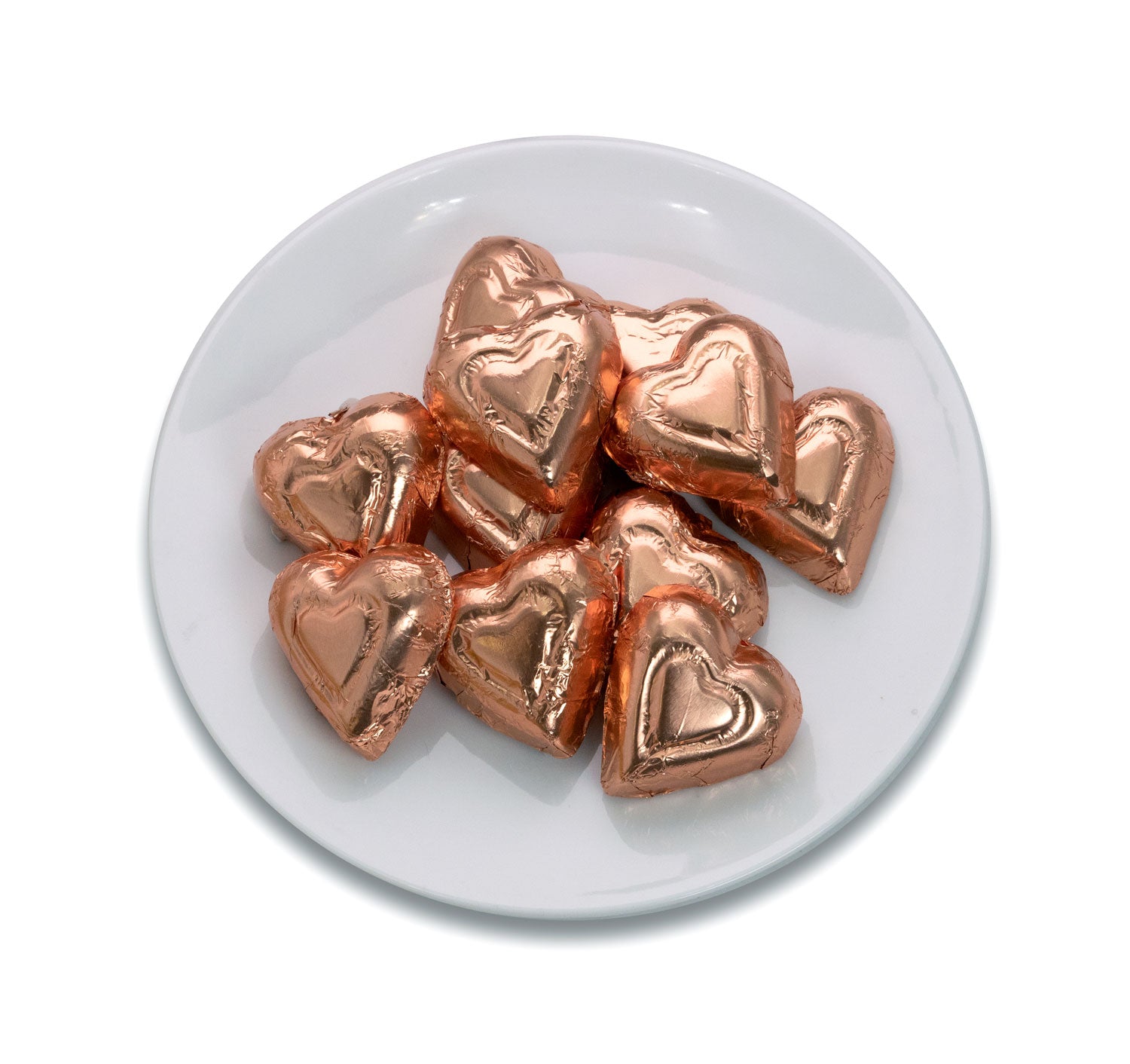 Dark chocolate hearts wrapped in gold foil.