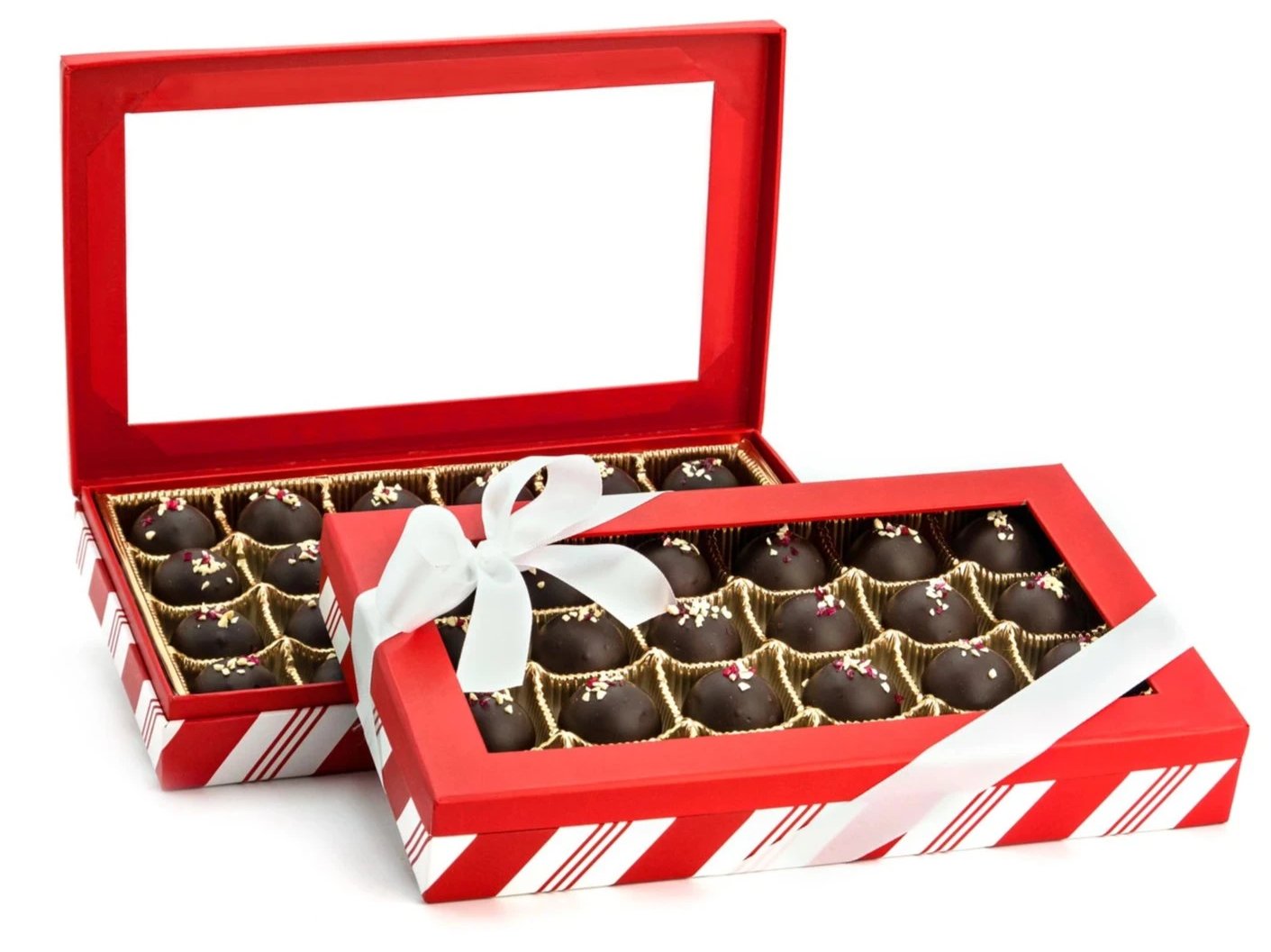 Peppermint truffles in a red and white striped box