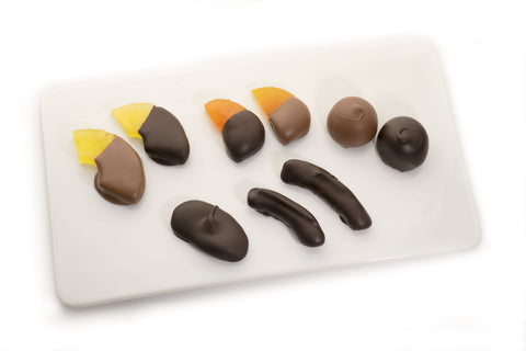 Chocolate-covered pineapple, apricot, cherries , orange peel and ginger