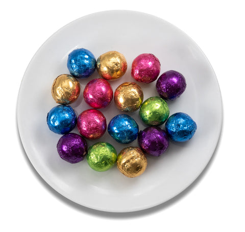 Dark chocolate, foil-wrapped Christmas balls