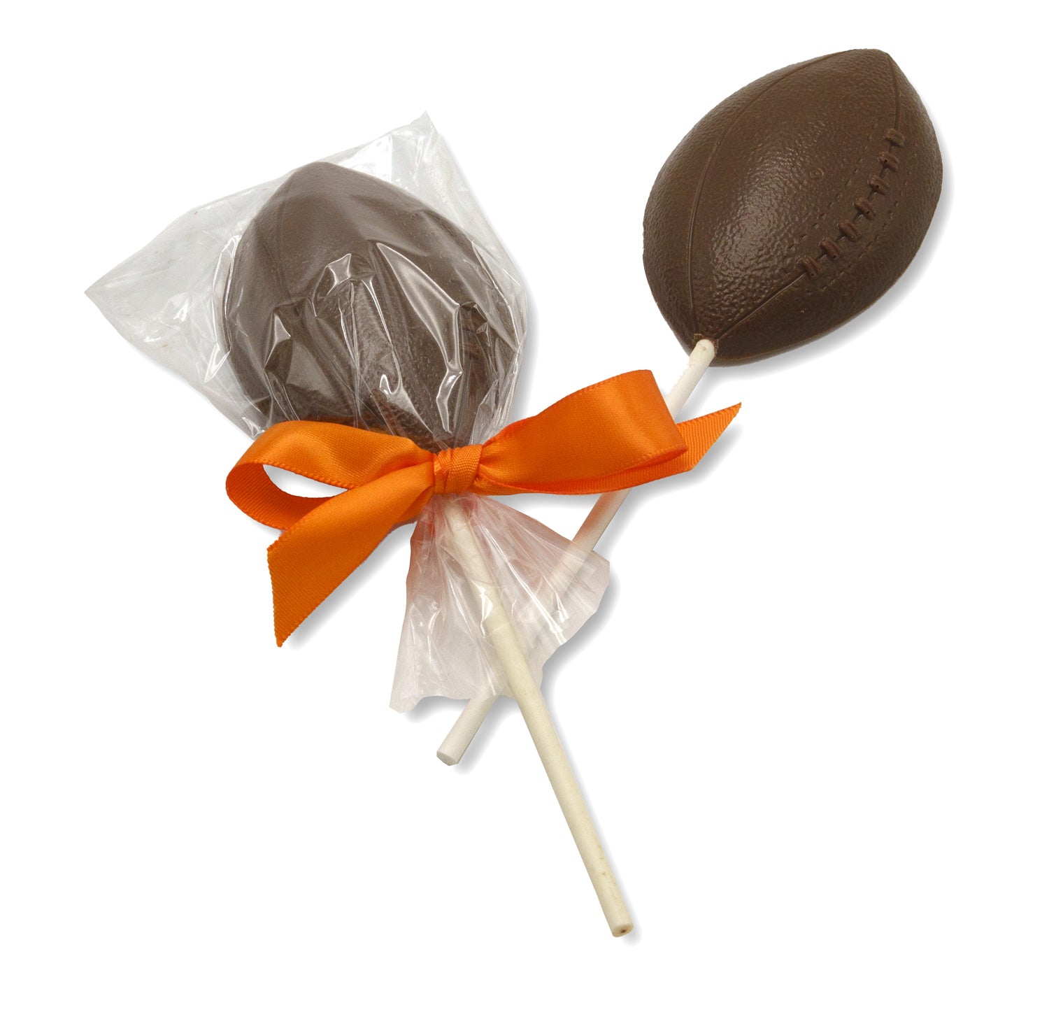Milk chocolate lollipop shaped like a football