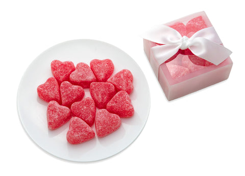 Box of cherry jelly hearts.