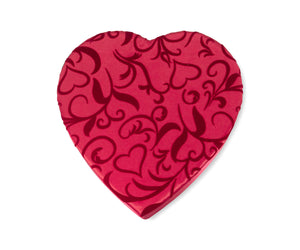 Red satin heart-shaped box embossed with darker red vines