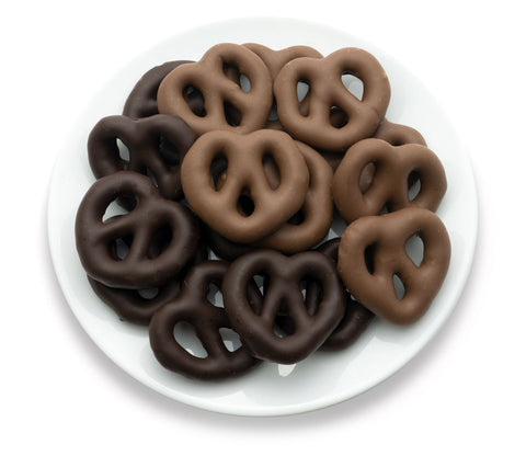 Milk and dark chocolate covered mini pretzels.