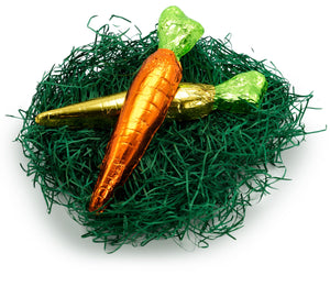 Carrot-shaped chocolate wrapped in orange and green foil