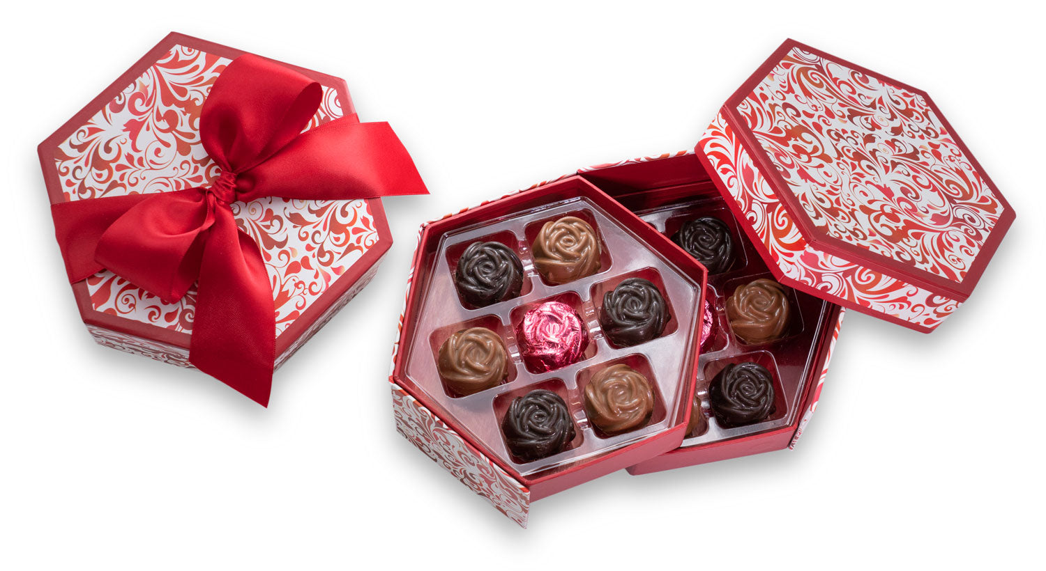 A keepsake gift box filled with rose-shaped  chocolate-covered sea salt caramels