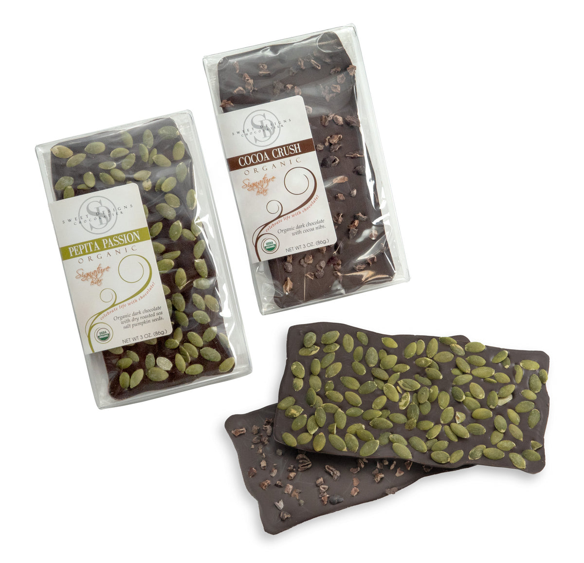 Vegan chocolate bars with cocoa nibs or pepitas