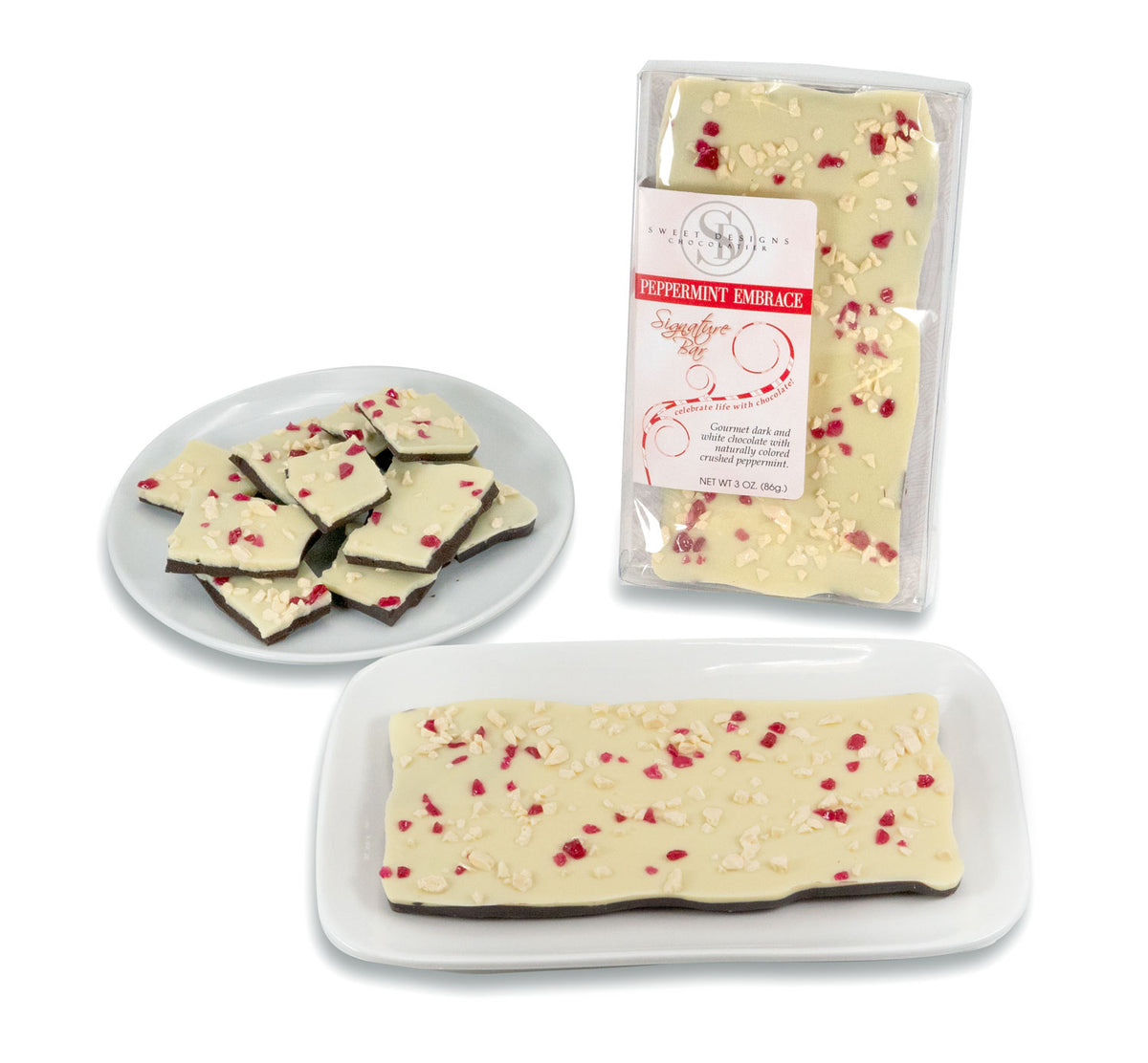 Dark and white chocolate bar with crushed peppermint on top