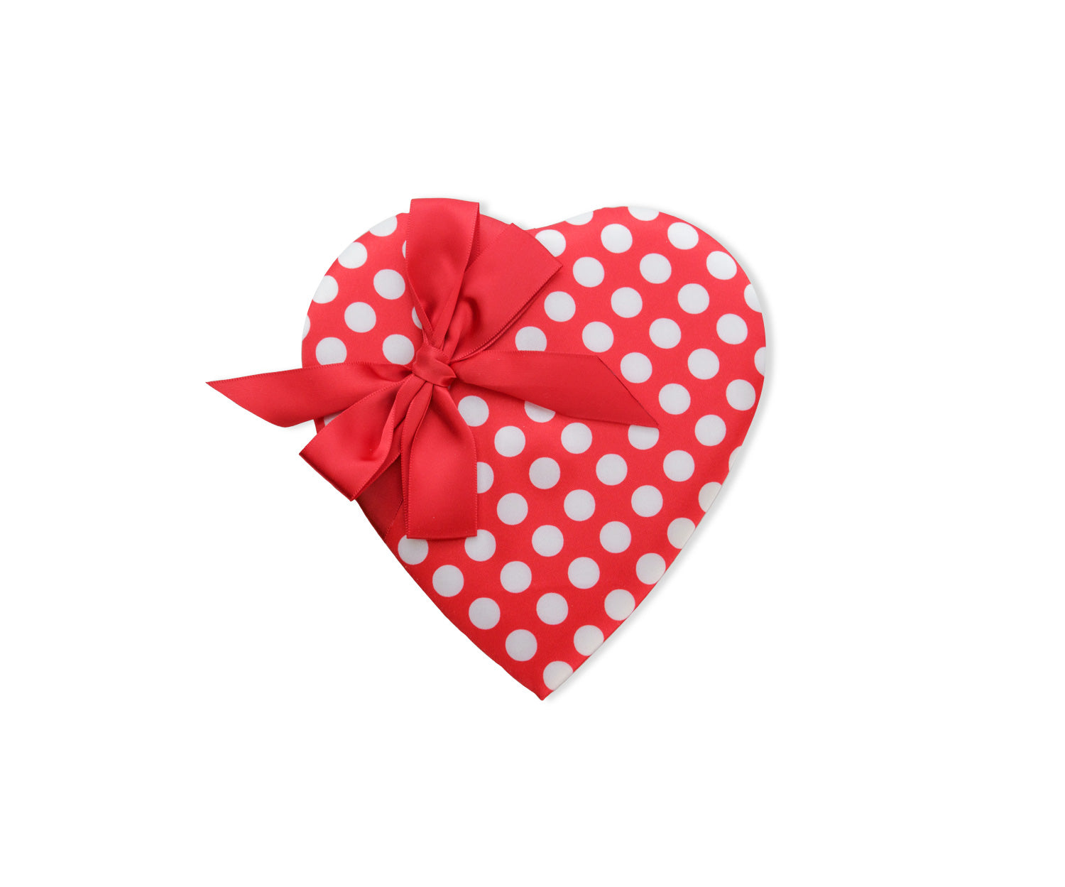 Red heart-shaped box with white polka dots and a red ribbon