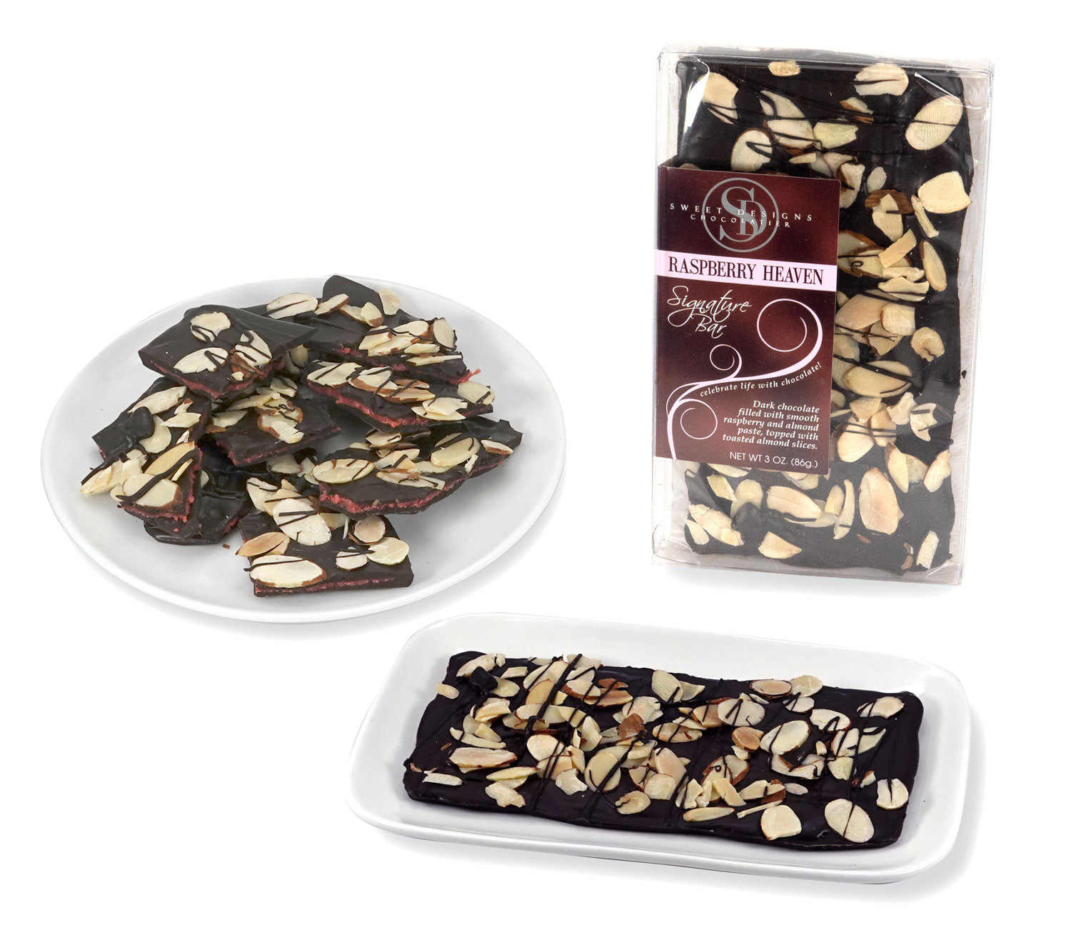 Chocolate bar with raspberry filling, topped with almonds