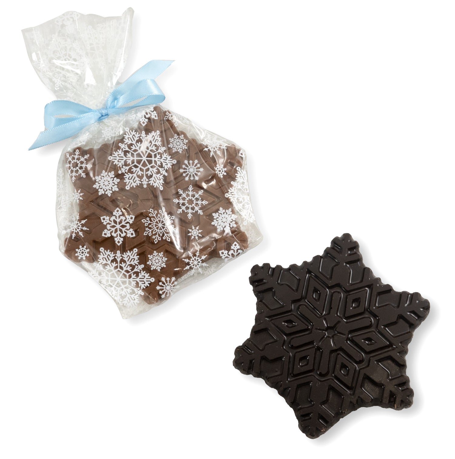 Solid chocolate snowflake in festive packaging with a bow
