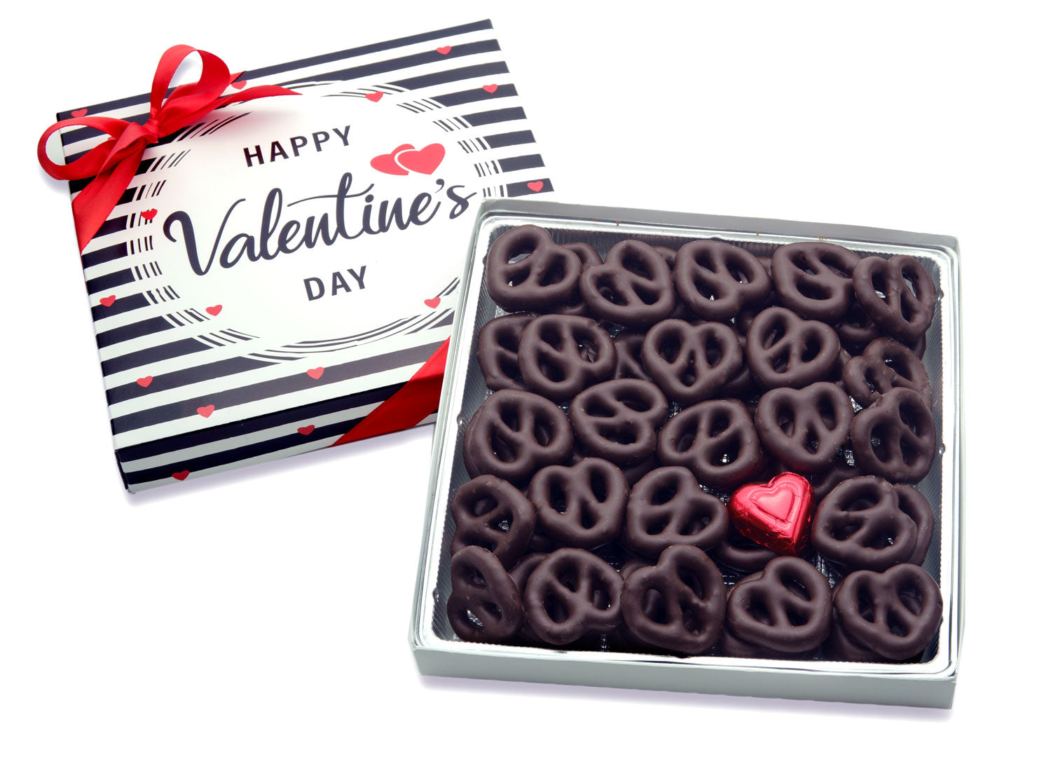 Black and white striped Valentine box with mini chocolate-covered pretzels