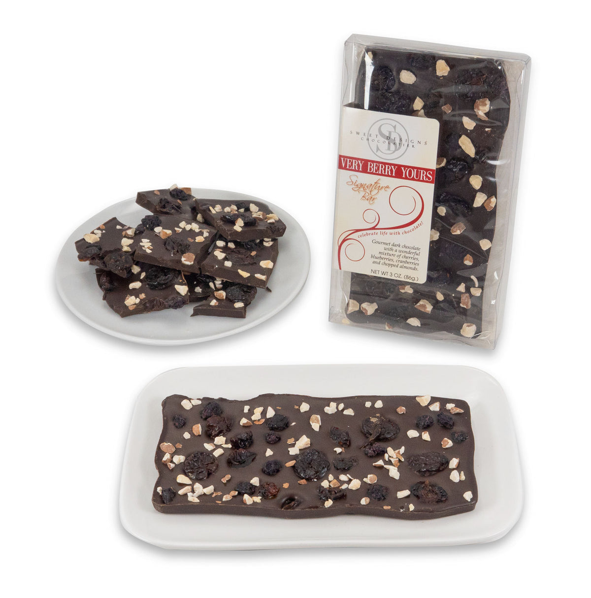 Chocolate bar with cherries, blueberries and almonds