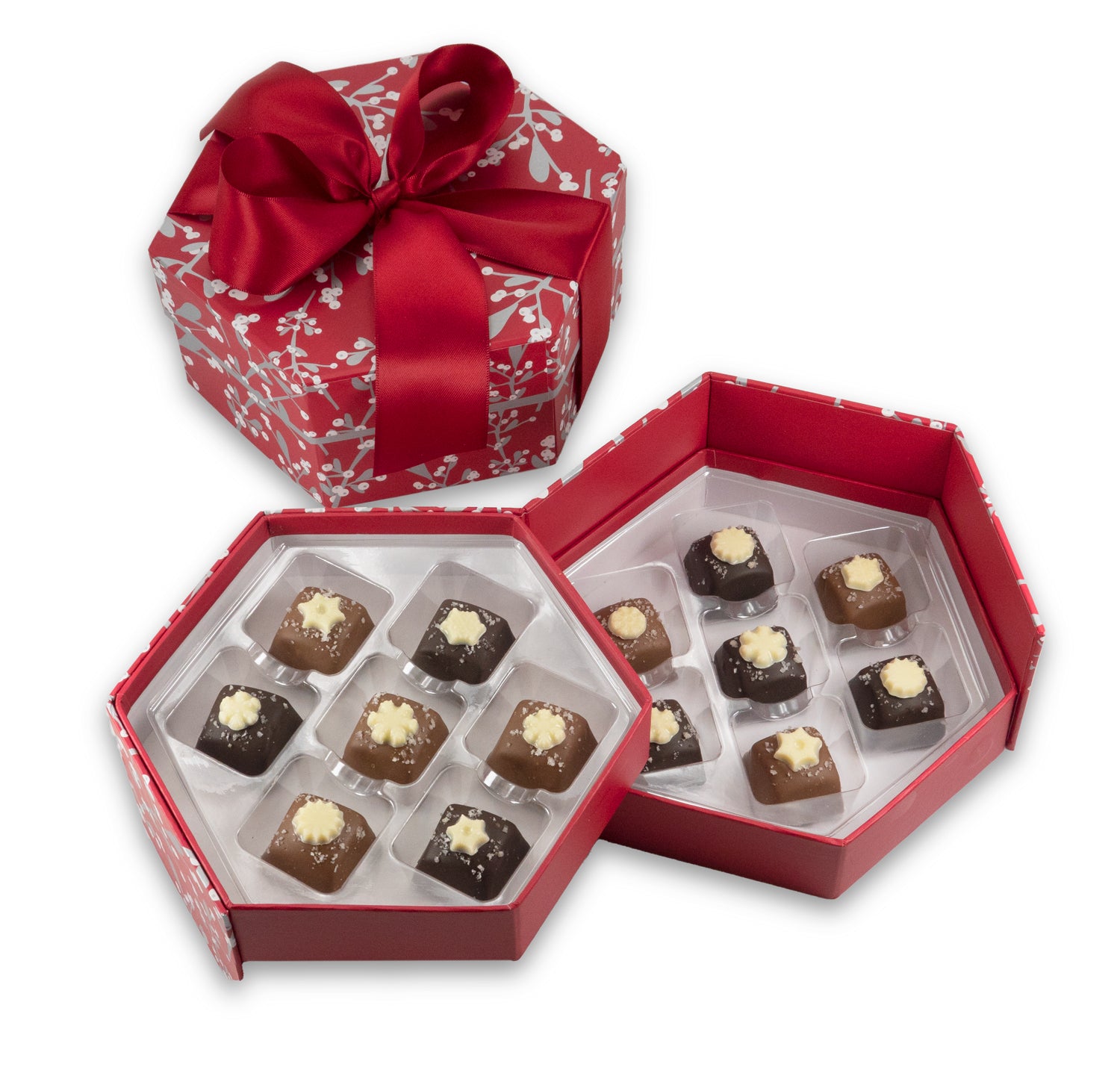Red and white two-layer gift box with sea salt caramels