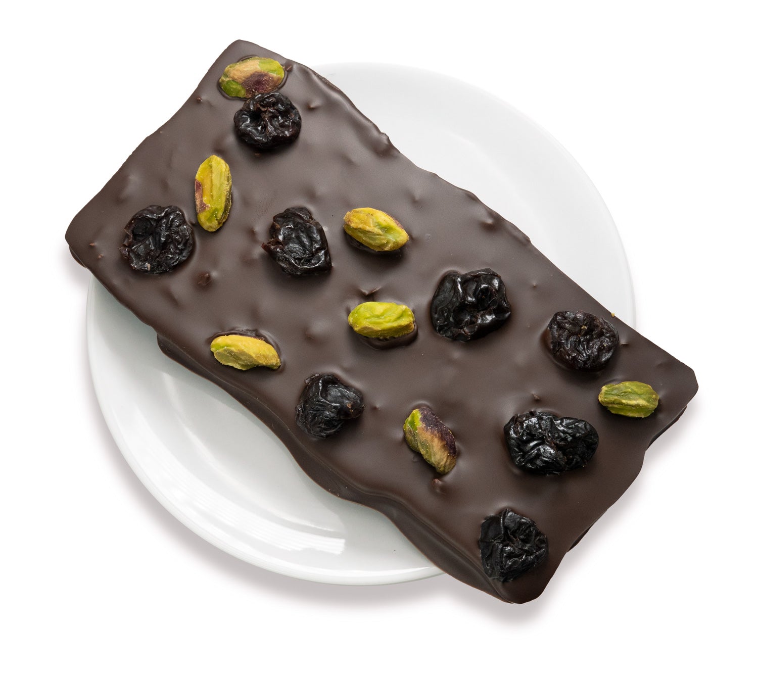 Vegan 70% dark chocolate bar with cherries and pistachios