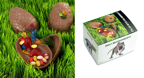Chocolate dinosaur egg with gummy dinosaurs and jelly beans