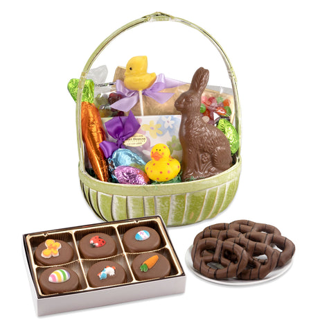 Green and white Easter Basket with chocolate covered Oreos and pretzels