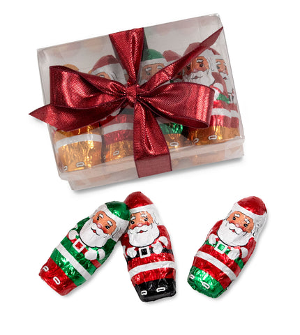 Foil-wrapped milk chocolate Santas in a clear box with holiday ribbon