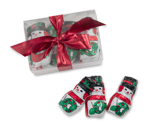 Milk chocolate foil-wrapped snowmen in a clear box with holiday ribbon