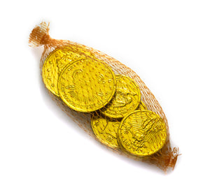 A pouch of gold foil-wrapped milk chocolate coins
