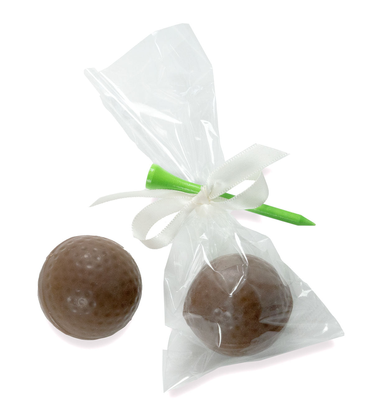 Chocolate golf ball packaged with a golf tee